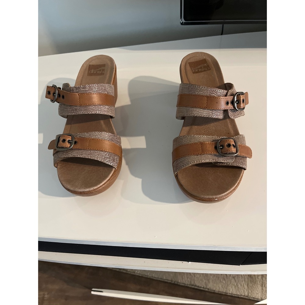 Dansko Women 41 Tan Leather Snakeskin Buckle Slide Wedge Sandals‎ 10.5